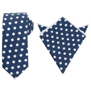 Tie Sets Polka Dots Self-Tied Necktie Set with Pocket Square Navy Blue